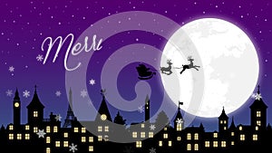 Christmas illustration banner 4K animation movie . Santa Claus flying on a full moon night