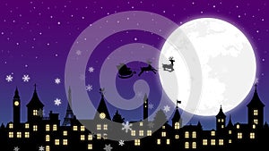 Christmas illustration banner 4K animation movie . Santa Claus flying on a full moon night. no text version