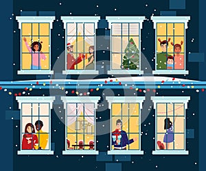 Christmas illustration of the building with happy diverse people in their windows celebrating Christmas and Happy New