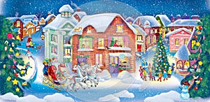 Christmas illustration - an  city with burning windows, snow-capped roofs and Christmas trees, children and a snow