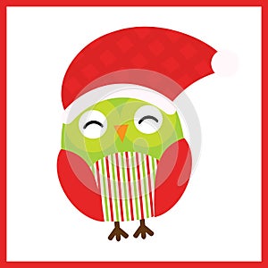 Christmas illustration with cute baby owl wears Santa hat on red frame