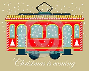 Christmas illustration, cute red New Year tram decorated with Christmas trees and snowflakes. Lettering.