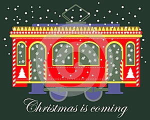 Christmas illustration, cute red New Year tram decorated with Christmas trees and snowflakes. Lettering. Design for postcards