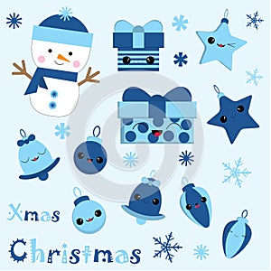 Christmas illustration with cute snowman, bell, gift, star and Xmas ornaments on blue color suitable for Children Xmas sticker and