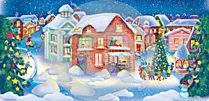 Christmas illustration - an evening European city with burning windows, snow-capped roofs and Christmas trees, children and a snow