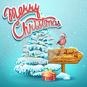 Christmas illustration with fir, pointer, bullfinch
