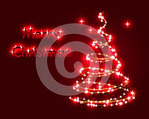 Christmas illustration, glowing Christmas tree on red gradient background with festive lights, greeting card