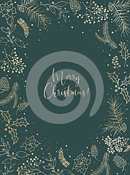 Christmas illustration with gold floral wreath / frame on green background