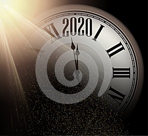 Christmas illustration. Gold shiny sand 2020 New Year background with round clock on black