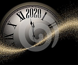 Christmas illustration. Gold shiny sand 2020 New Year background with round clock on black