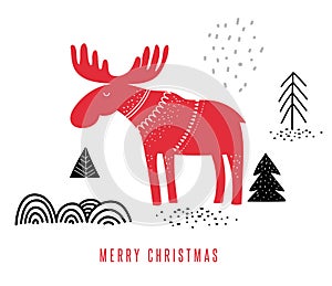 Christmas illustration with moose, hand drawn in Scandinavian style greeting card