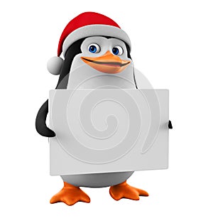 Christmas illustration. Penguin in a red hat with a blank board on a white background. 3d rendering