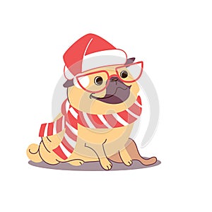 Christmas illustration of a pug wearing a santa claus hat. New year dog in cartoon style isolated on white background