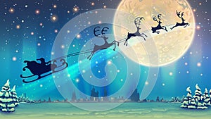 Christmas illustration with Reindeer team, Santa and bag of gifts in the sleigh, dark deers silhouette over moon light in sky