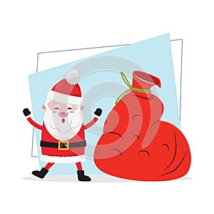 Christmas illustration with a Santa Claus standing next to the big full sack