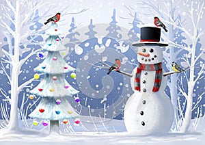 Christmas illustration. Snowman, Christmas tree, wild bird, winter landscape.