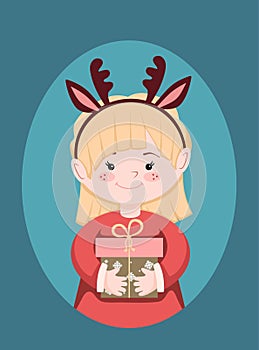 Christmas Illustration for use as a Card Design. Little Girl Holding gifts in her hands. Vector Illustration
