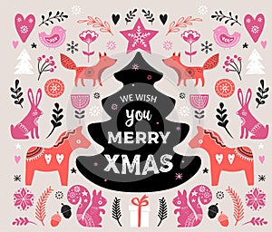 Christmas illustrations, banner design hand drawn elements in Scandinavian style