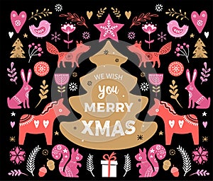 Christmas illustrations, banner design hand drawn elements in Scandinavian style