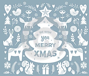 Christmas illustrations, banner design hand drawn elements in Scandinavian style