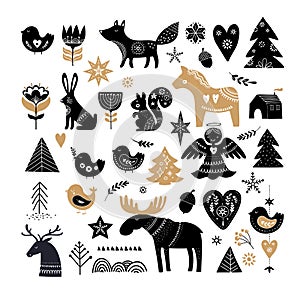 Christmas illustrations, banner design hand drawn elements in Scandinavian style