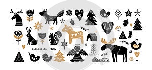 Christmas illustrations, banner design hand drawn elements in Scandinavian style