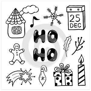 Christmas illustrations in black and white, set of simple hand drawn vector drawings in doodle style