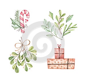 Christmas illustrations with eucalyptus, fir branch, candy, mistletoe and gift boxes - Watercolor illustration. Happy new year. Wi