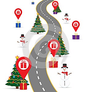 Christmas infographics template with a road and navigational pointers and a map with gift boxes.