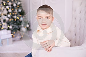 Christmas interior. Beautiful portrait. Little boy. Horizontally