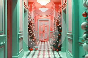 Christmas interior of bright colors in the style of Wes Anderson films. Generative Ai content photo