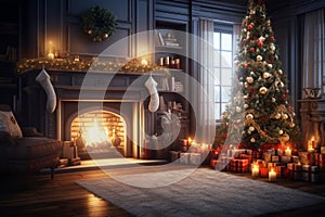 Christmas interior with decorated Christmas tree, presents and fireplace. Christmas background.