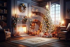 Christmas interior with decorated Christmas tree, presents and fireplace. Christmas background.