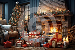 Christmas interior with decorated Christmas tree, presents and fireplace. Christmas background.