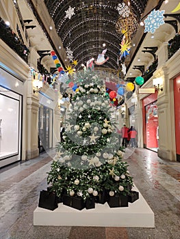 Christmas interior decoration of store State Department Store in Moscow city, Russia. New Year decor, holiday ornament