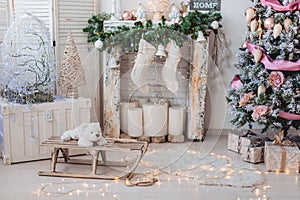 Christmas interior decorations: christmas tree in bright room