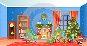 Christmas interior with fireplace, Christmas tree, window, armchairs, bookshelf, desk. Ð¡artoon vector illustration