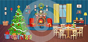 Christmas interior with fireplace, Christmas tree, window, armchairs, bookshelf, desk and holiday table with food. Ð¡artoon vector