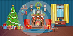 Christmas interior with fireplace, Christmas tree, window, bookshelf, desk and armchairs. Ð¡artoon vector illustration