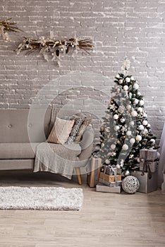 Christmas interior with gift boxes and Christmas fires