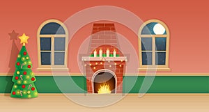 Christmas interior - home with fireplace, Christmas tree and windows - vector illustration