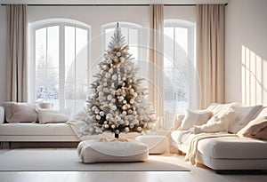 Christmas interior with a large window and a Christmas tree.
