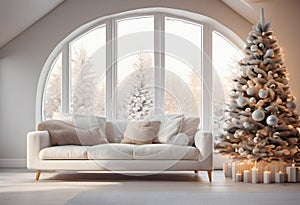 Christmas interior with a large window and a Christmas tree.