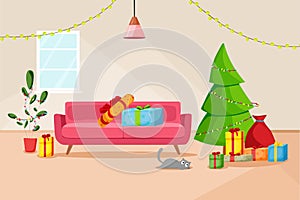 Christmas interior of the living room with a Christmas tree and gifts. Vector cartoon illustration