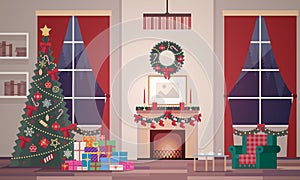 Christmas interior of the living room in a flat style. Evening New Year`s scene