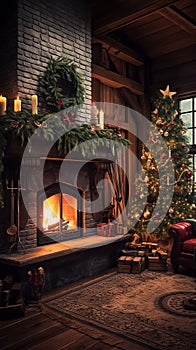 Christmas interior of a modern country house with a fireplace. Vertical New Year background, greeting card.