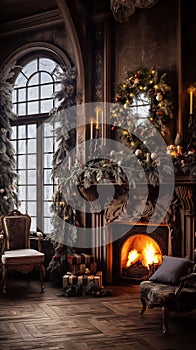 Christmas interior of a modern country house with a fireplace. Vertical New Year background, greeting card.