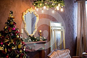 Christmas interior in purple and gold colors