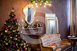 Christmas interior in purple and gold colors