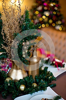 Christmas interior in purple and gold colors